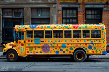 A colorful school bus adorned with cheerful patterns, ready to transport students to school.