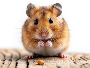 Adorable close-up of a cute, fluffy hamster standing on wooden surface, looking at the camera with a seed in front.