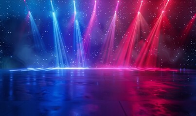 Wall Mural - An abstract dark background with neon glows. Behind the stage is an empty stage with neon lights and lasers. Laser futuristic shapes are projected on the background.