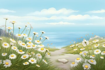 Sticker - Chamomile landscape outdoors painting.