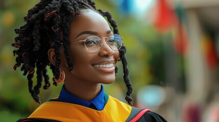 Wall Mural - A beautiful Black Woman wearing Doctoral regalia, smiling, looking to the distance, university campus behind her. Generative AI.