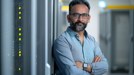 an Indian man in his late thirties, wearing a business suit and red tie with blue stripes, standing at the office entrance facing forward to the camera with his arms crossed, smiling softly