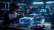 © antusher - professional designing holographic car model with AR headset, high-tech lab, cyberpunk aesthetic