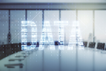 Wall Mural - virtual data word sign hologram on a modern conference room background. multiexposure