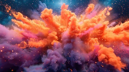 Wall Mural - A vivid 3D rendering of a peach fuzz-colored powder explosion, depicted in a surreal and abstract manner, with particles dispersing in a vibrant spectrum of colors, stunning background. Generative AI.