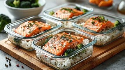 A clear glass meal box with salmon fillet, rice and broccoli in each box, placed on a wooden board, on a grey granite kitchen counter. Generative AI.