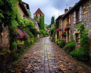 Charming medieval village street with cobblestone path, lush greenery, and rustic houses on a cloudy day.