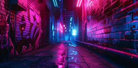 Poster - The night scene of a city in cyberpunk style is futuristic nostalgic 80s and 90s. Bright neon lights and vibrant colors, photorealistic horizontal illustrations.