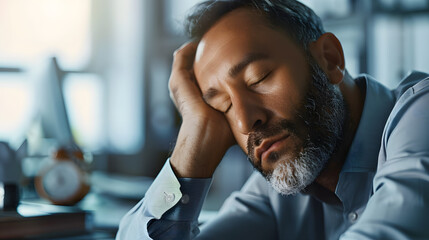 Sleeping, face and tired businessman in office overwhelmed by deadlines with fatigue or burnout. Lazy worker, depressed consultant or exhausted professional resting or taking nap on hand with stress