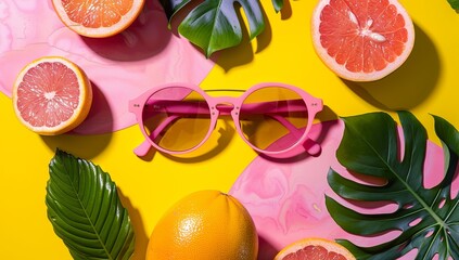 Poster - pink sunglasses on a yellow and pink background with grapefruits