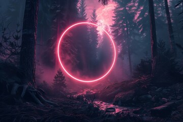 Poster - A black wood forest space landscape of rocky mountains and portal stone gates, with neon circle glowing lights.