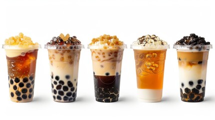 Various bubble milk teas in cups with black tapioca, ice and creamy foam isolated on transparent png background.