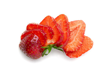 Wall Mural - Strawberry pieces isolated, red berry cut set, fresh strawberries slices, summer food ingredient