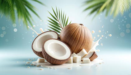 Tropical 3D Render of Whole and Halved Coconuts with Coconut Meat and Water Splash for Coconut Brand Ad