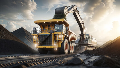Detailed 3D Render of Construction Site: Large Yellow Dump Truck and Excavator Loading Coal from Coal Mine