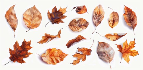 Wall Mural - A collection of brown dry leaves in autumn season, isolated on a transparent background, which are of varying species.