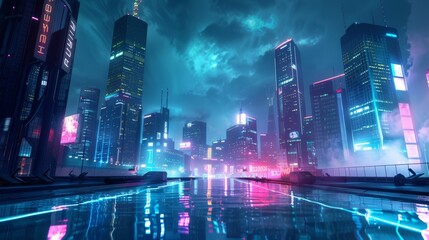 An illustration of a futuristic cyberpunk neon cityscape at night - a retro urban scene with vibrant lights - a sci-fi background