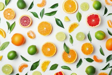 A composition of oranges and lemon limes with half slices falling or floating in the air with green leaves isolated on a white background. Fresh organic fruit that is full of vitamins and minerals.