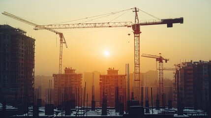 Poster - Building under construction, crane, silhouette. Generative AI.