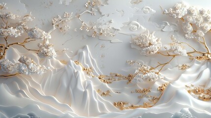 Wall Mural - stucco molding on a concrete wall with golden features, a japanese landscape, waterfalls, mountains,