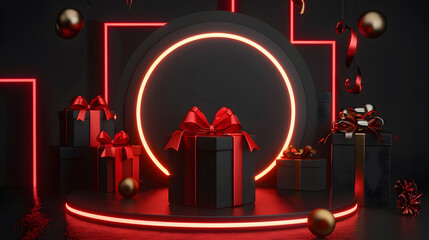 Wall Mural - Black Friday Sale. Realistic 3d design stage podium, round studio, gold neon lights, gift box black, red bow, shopping bag, big percent label discount. Creative marketing concept design