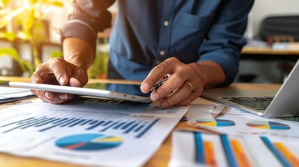 Canvas Print - Using a tablet, a businessman analyzes sales data and financial reports, business growth graph chart. Planning digital marketing strategies, analyzing financial reports, business, finance, and