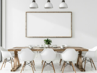 Minimalist dining area with wooden table, white chairs, blank frame on wall, light interior, soft natural light, cozy space