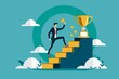 © Антон Сальников - Step-by-step success, achieving targets, a journey to reach goal, patience and persistence, businessman walking up small steps towards a trophy.