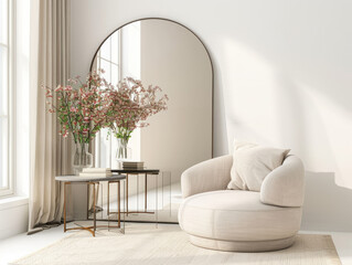 Modern sitting area with beige chair, side table, books, flower vase, leaning mirror in a bright, airy space with simple, elegant design.