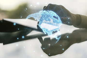 Wall Mural - digital america map and finger presses on a digital tablet on background, global technology concept.