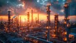 © visoot - An industrial complex at dusk, featuring towering structures akin to oil refineries or chemical plants. in the warm, ambient glow of sunset with an overcast sky filled with dynamic. Generative AI.
