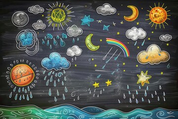 abstract blackboard with doodles of weather patterns and climate, science education, meteorology foc