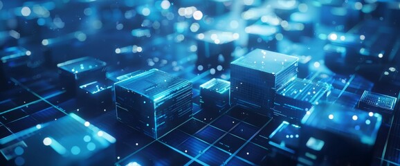 The concept of data blocks in cyberspace is depicted in 3D against an abstract technology backdrop.