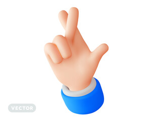 Vector illustration of cross finger for good luck hand gesture on white color background. 3d style design of man white skin hand in sleeve cross finger