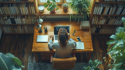 Aufkleber - A person sitting at a desk, typing on a laptop, surrounded by entrepreneurial books and resources. modern home office with natural light. top down view. Generative AI.