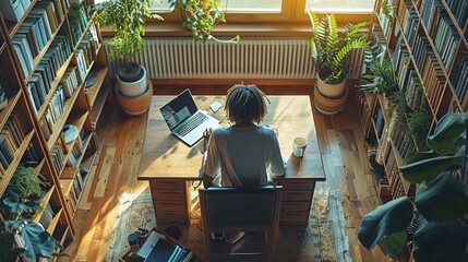 Aufkleber - A person sitting at a desk, typing on a laptop, surrounded by entrepreneurial books and resources. modern home office with natural light. top down view. Generative AI.