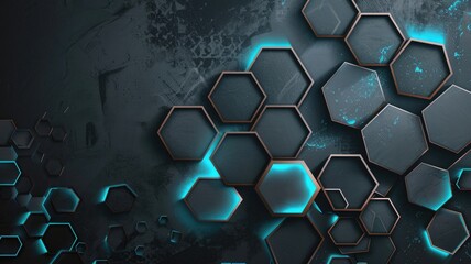 Poster - Abstract 3D hexagonal shapes with teal highlights. digital image of 3d hexagon or honeycomb shape with blue and black placed on background. Modern geometric design for wallpaper and print. AIG53F.