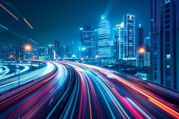 Traffic jam on highway with speed lights trailing from car background, Expressway road junction in metropolis city center at night.