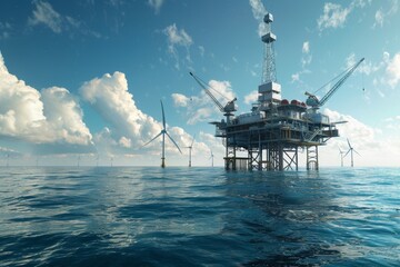 Wall Mural - The offshore oil and gas rig construction station platform is seen from the air. The oil and gas industry searches for fuel and energy, extracting petroleum and natural gas at sea beneath the seabed