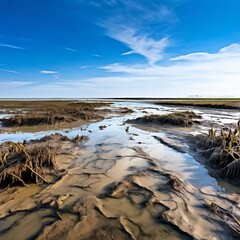 Wall Mural - mudflat coastal wetlands with mud or silt exposed at low tide k