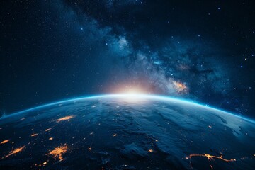 Wall Mural - sphere of planet earth from space with city lights on land and sunlight, galaxy and space concept.