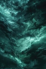 Wall Mural - a dramatic weather scene with lightning bolts illuminating the dark green sky