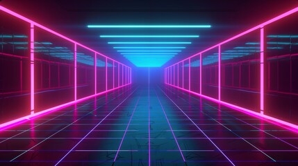 Wall Mural - animated 3d retro neon blue abstract background with laser lines. synthwave grid videogame style. fu