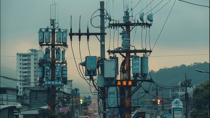 Aufkleber - Devices with wireless, power transmission towers, Overwatch style, power equipment, sense of technology. Generative AI.