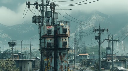 Aufkleber - Devices with wireless, power transmission towers, Overwatch style, power equipment, sense of technology. Generative AI.