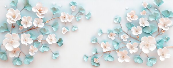 elegant wallpaper design with white flowers and pastel green leaves with golden tree branches on white background