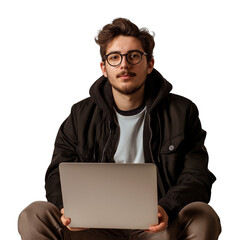 Young programmer with laptop. Cutout, white background, graphic material. Young man with beard and glasses, nerd, hipster style. Computer science, working from home, freelancing, programming, coding.