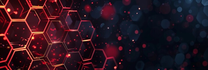 Wall Mural - With hexagons and blurred bokeh, a futuristic technology interface is pictured in red