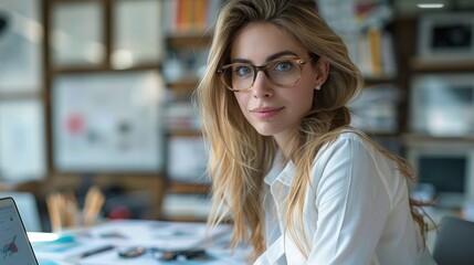 Leinwandbilder - A young woman interior designer wearing a glasses with blonde hair sitting in her office working. Generative AI.