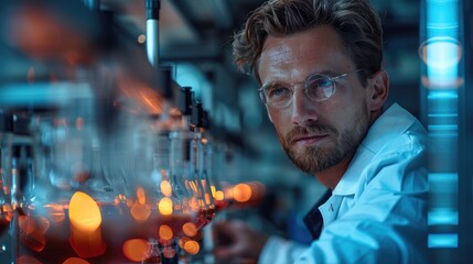 Poster - A handsome scientist in a lab, scientific equipment as a background. Generative AI.